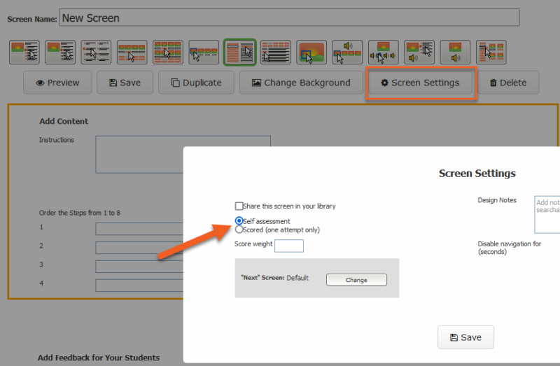 assessment screen settings